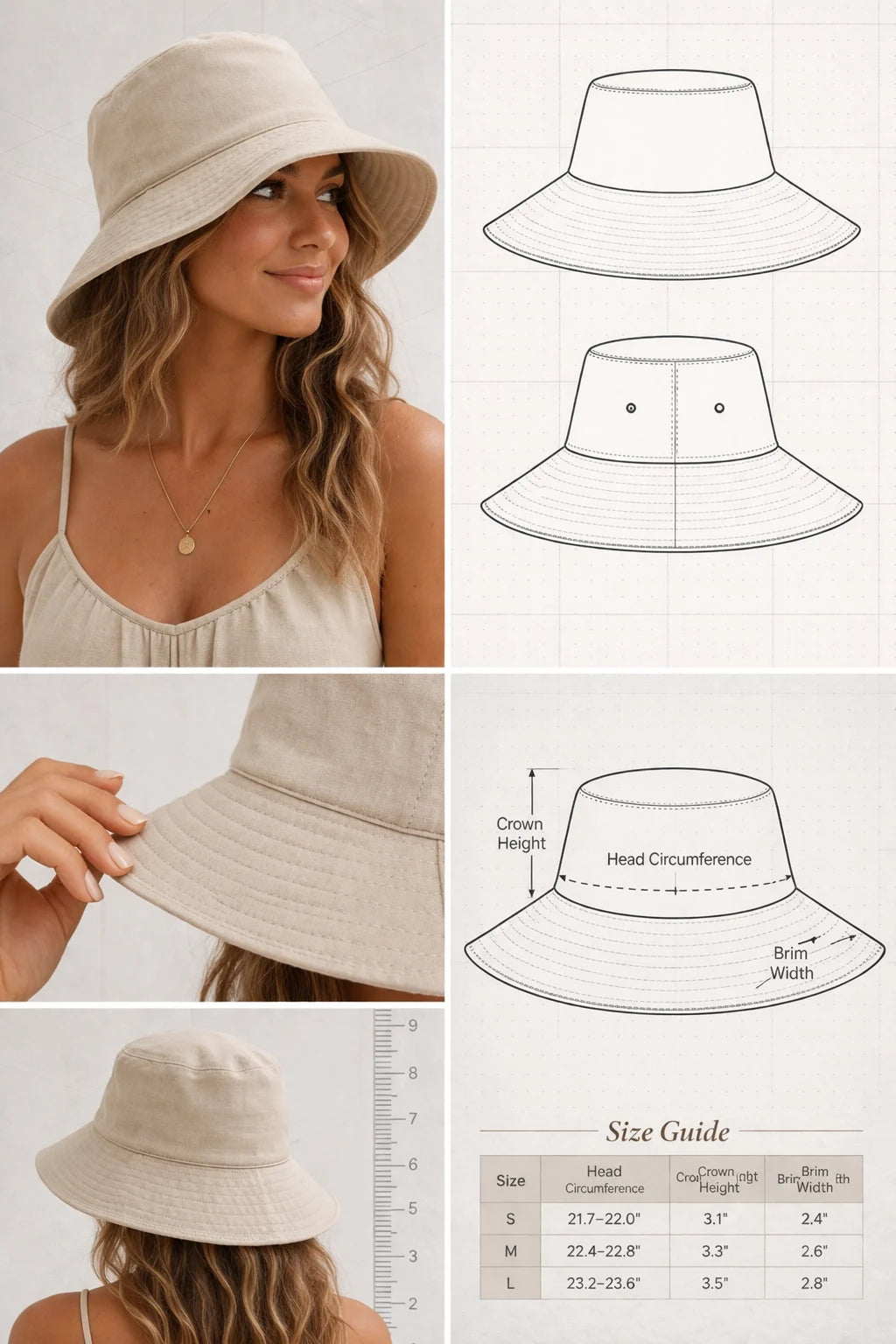 HappyOff reversible bucket hat PDF sewing pattern, front view showing the structural brim architecture.