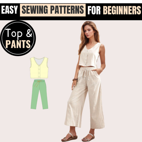 Summer Set Pattern, Top & Pants Sewing Pattern, Sewing Pattern Women, Wide Leg Pants Pattern, Top Pattern, Summer patterns, Button Top