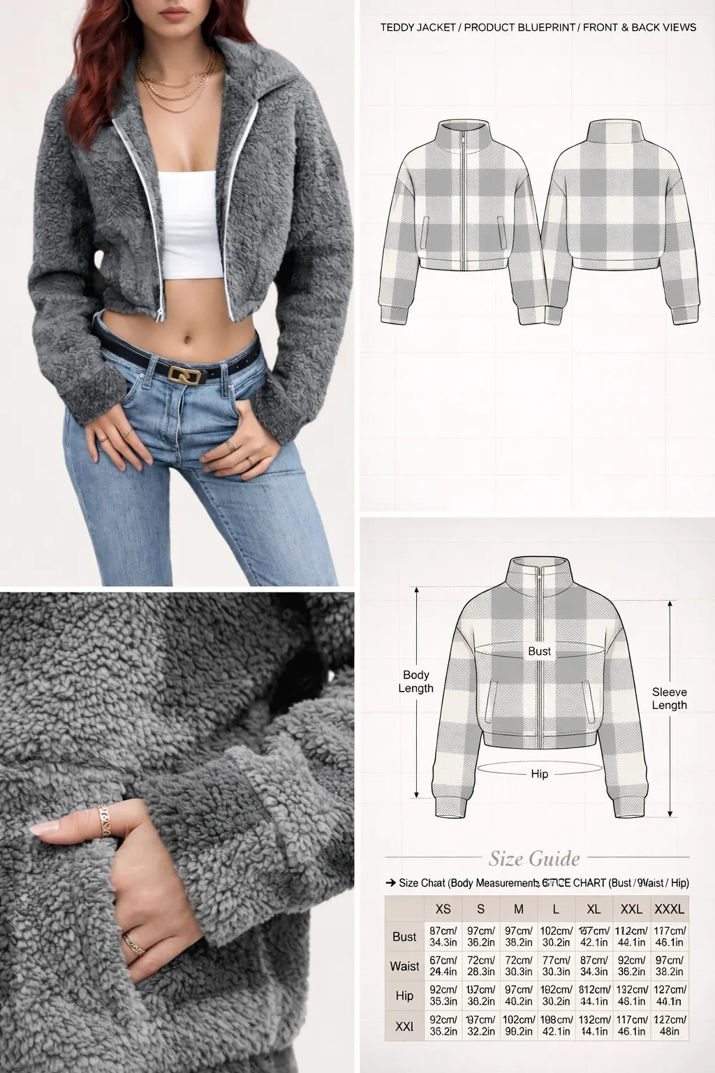 HappyOff teddy jacket PDF sewing pattern, projector-ready layered blueprint, front view on model.