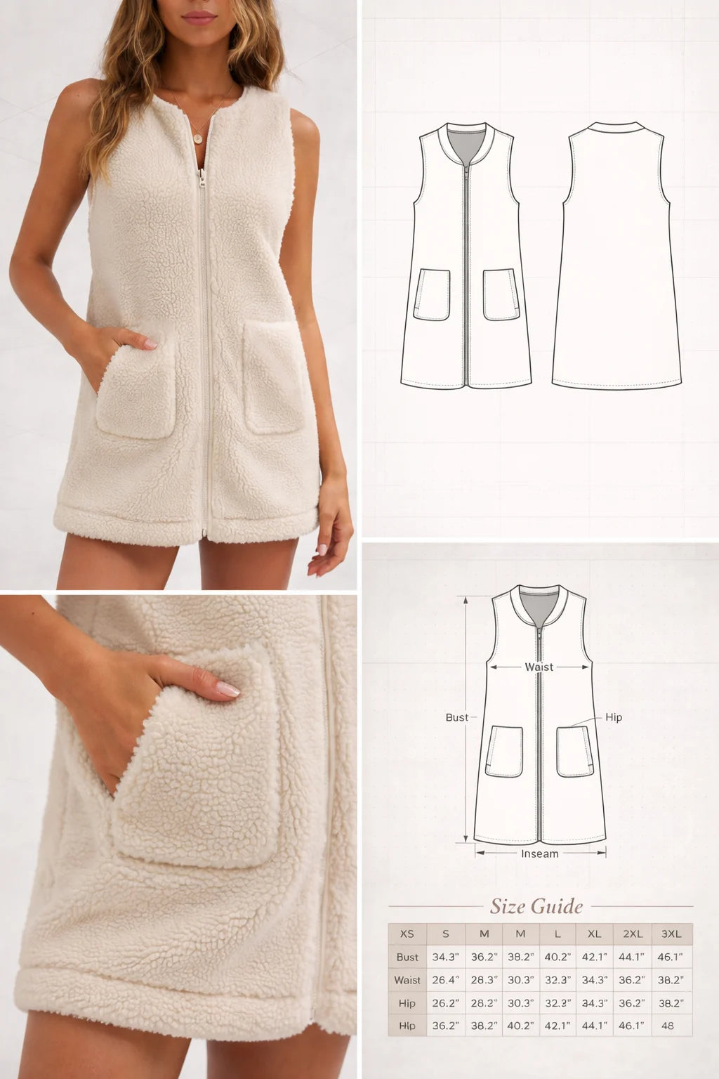 HappyOff teddy vest PDF sewing pattern in cream fleece, front view demonstrating structural fit.